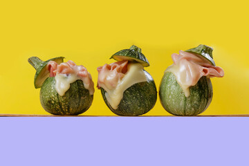 Baked baby squash with ham, cheese gratin with a yellow, green and purple background.