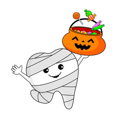 Cute cartoon tooth character design of mummy. Happy Halloween concept. Vector illustration for your poster, banner, greeting card and party invitation.
