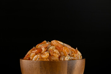 Delicious sweet shrimp traditional processed food Asian style, Small prawn boiled with sugar tasty for preserving food.