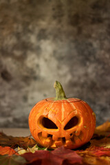 Festive scary halloween pumpkin on leaves on dark background