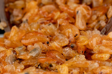 Delicious sweet shrimp traditional processed food Asian style, Small prawn boiled with sugar tasty for preserving food.