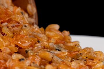 Delicious sweet shrimp traditional processed food Asian style, Small prawn boiled with sugar tasty for preserving food.