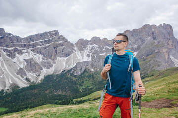 hiker in the mountains. Dolomites, Italy	
