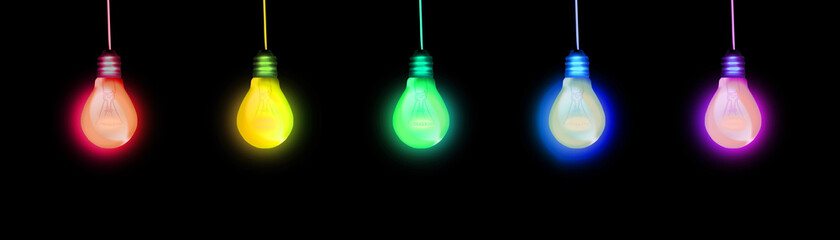Idea and future concept with lightbulbs and rainbow lighting effects
