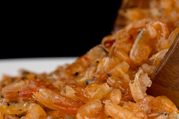 Delicious sweet shrimp traditional processed food Asian style, Small prawn boiled with sugar tasty for preserving food.