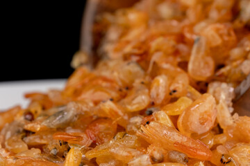 Delicious sweet shrimp traditional processed food Asian style, Small prawn boiled with sugar tasty for preserving food.