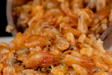 Delicious sweet shrimp traditional processed food Asian style, Small prawn boiled with sugar tasty for preserving food.