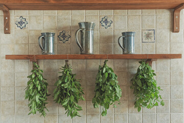 Fresh herbs drying on kitchen shelf. Mint and lemon balm herb in bunches upside down.