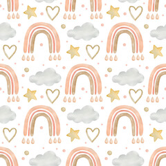 Watercolor seamless pattern, rainbows in boho style on a white background.