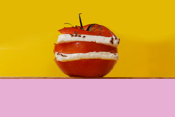 Tomato salad with panela cheese and flax seeds on a yellow, blue, green and purple background.