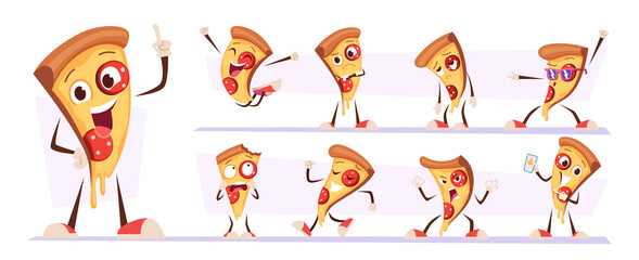 Pizza mascot. Funny food character in action poses happy styling cute persons exact vector illustrations isolated