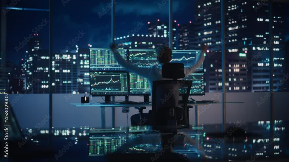 Poster Stock Market Day Trader Working on Computer with Multi-Monitor Workstation with Real-Time Investment, Commodities and Foreign Exchange Charts. Successful Businessman Punches Air for Winning a Trade.