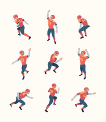 Fototapeta na wymiar American football players. Isometric persons with ball in dynamic poses sport people playing standing holding running jumping garish vector 3d pictures collection