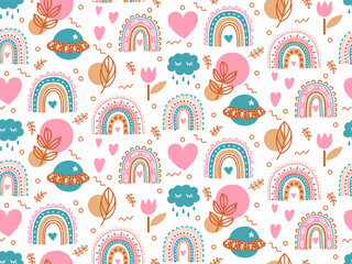 Boho rainbows cute magic seamless vector pattern