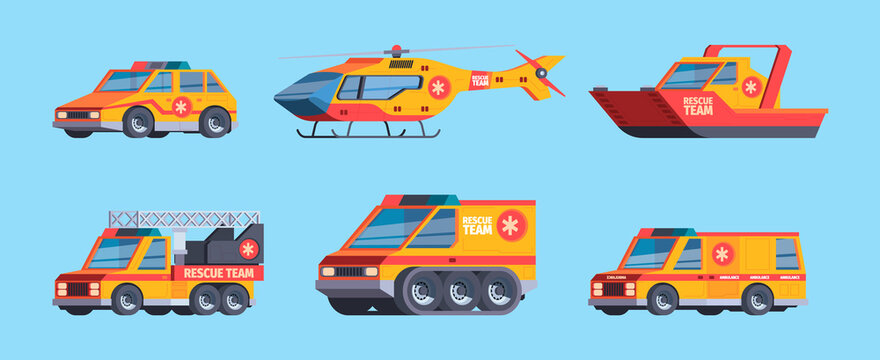 Rescue cars. Lifeguard technics emergency vehicles and helicopters paramedic ambulance hospital fast trucks garish vector flat pictures set isolated