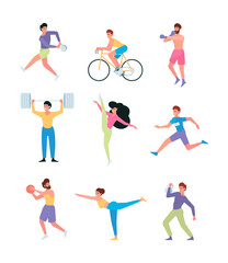 Fototapeta na wymiar Sport people. Sport activity recreation lifestyle healthy sportive characters action poses running jumping cycling garish vector templates
