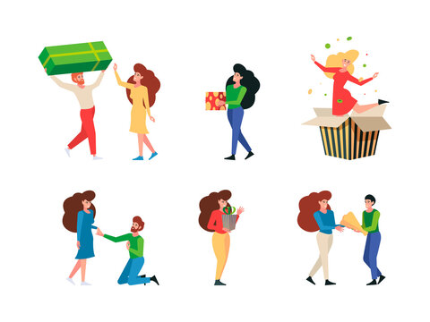 Gift give. Meeting people with gift packages persons festive hugging products young received presents on birthday celebration day garish vector flat pictures
