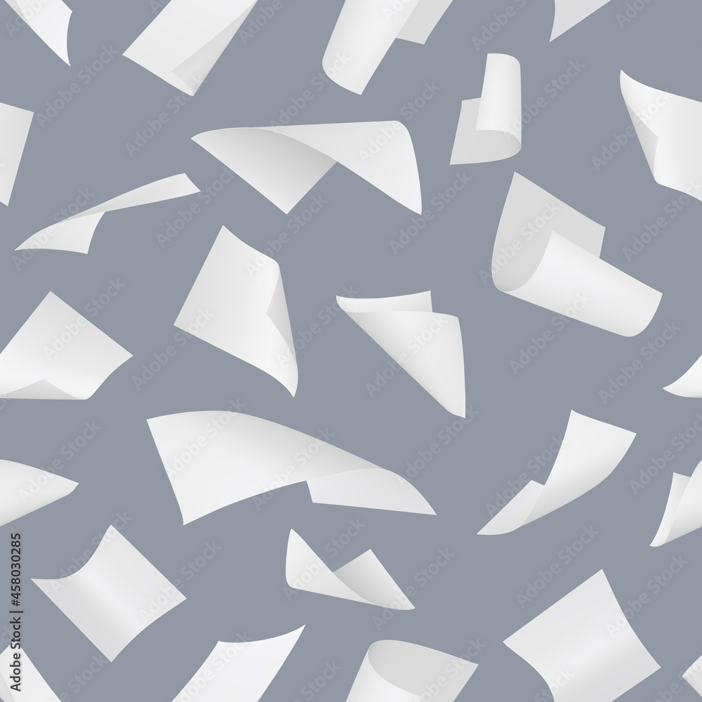 Poster pattern falling sheets. empty papers wind symbols blank stack foil decent vector seamless background