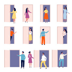 Door and people. Male and female persons standing opening door from living room interior exit office reception recent vector characters