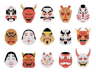 Asian mask. Tattoo salon face japanese authentic portraits colored woman body art theatrical masks wolf and fox recent vector pictures set