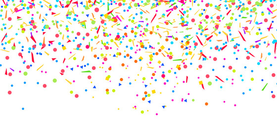 Colored pattern with random falling multicolored confetti on white background. Texture with glitters for design. Greeting cards