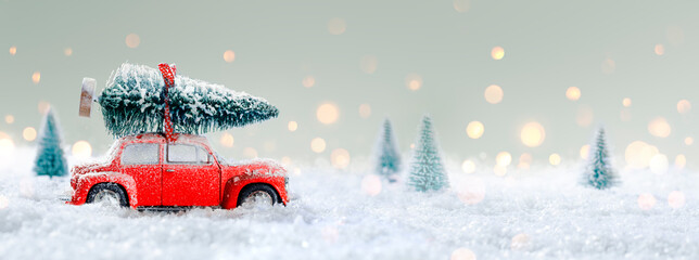 Deformed And Unrecognizable Car Carrying A Christmas Tree In Snowy Landscape