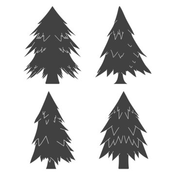 Pine tree black silhouettes vector set isolated on a white background.