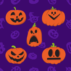 Set of Scary Pumpkins For Halloween with Seamless Background