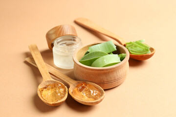 Skin care concept with aloe vera on beige background