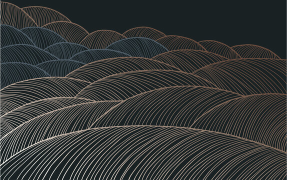 vector abstract japanese style landscapes lined waves in black and goldwith dark waves colour