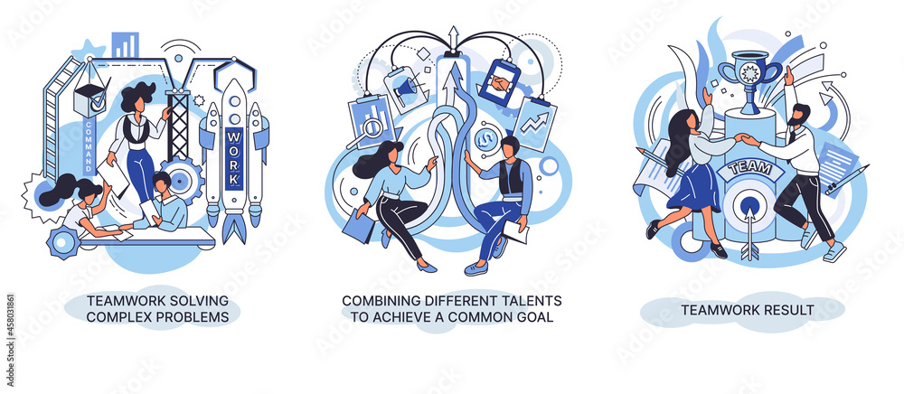 Aufkleber teamwork result solving complex problems combining different talents to achieve common goal. creativ