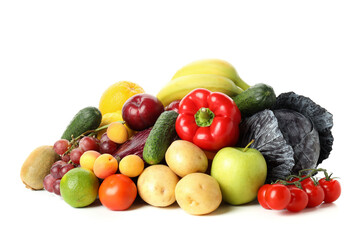 Different vegetables and fruits isolated on white background