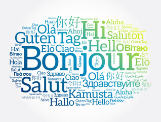 Bonjour (Hello Greeting in French) word cloud in different languages of the world © dizain
