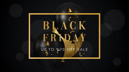 Fototapeta na wymiar Black Friday Banner with black background. Black Friday poster template with black and gold balloons. Vector illustration background for banner, poster, cover, header, web, social media.