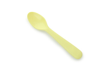 Single plastic spoon isolated on white background