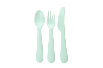 Plastic mint cutlery isolated on white background