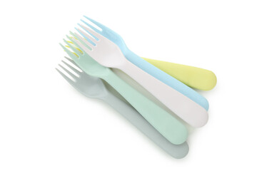 Colorful plastic forks isolated on white background
