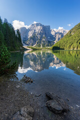 Lake Braies (Lago di Braies or Pragser Wildsee) and the Mountain peak of Croda del Becco or Seekofel, Dolomites, South Tyrol, Trentino-Alto Adige, Bolzano province, Italy, Europe.