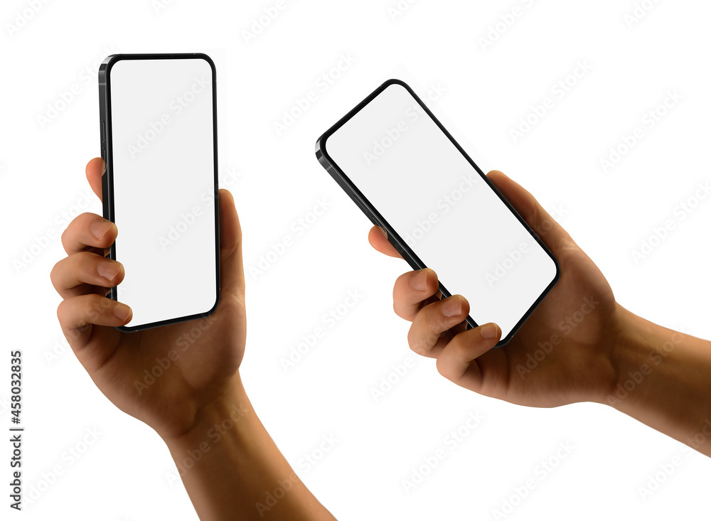 Poster man hand holding the silver smartphone with blank screen and modern frameless design two positions f