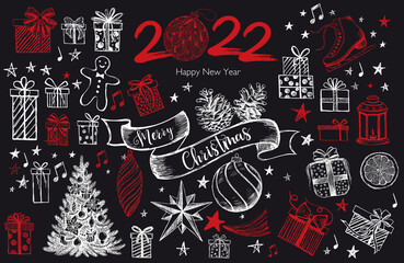 Christmas and New Year 2022 set. Hand drawn illustration. Vector.	
