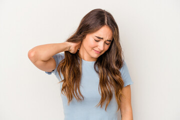 Young caucasian woman isolated on white background suffering neck pain due to sedentary lifestyle.