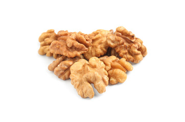 Pile of peeled walnuts on white background