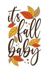 It's fall baby - funny phrase with colorful leaves. Good for poster, card, textile print, label and other autumnal decoration. 