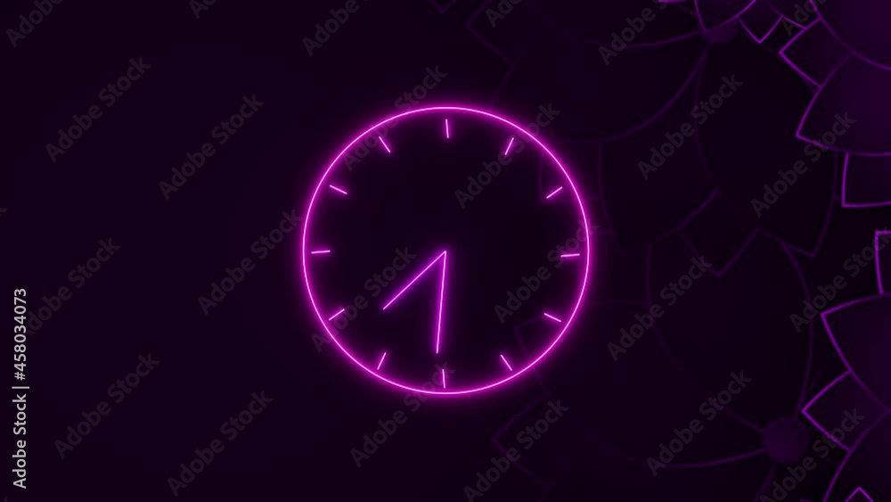 Poster neon analog clock, timer object. neon light clock. animation on colorful background.