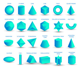 realistic 3D blue geometric shapes isolated on white background. Maths geometrical figure form, realistic shapes model. Platon solid. Geometric shapes icons for education, business, design. - obrazy, fototapety, plakaty