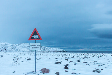 Russia, Murmansk region, the village of Teriberka. A road sign with a bear 