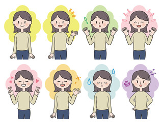 私服女性のポーズセット／黒髪　効果つき