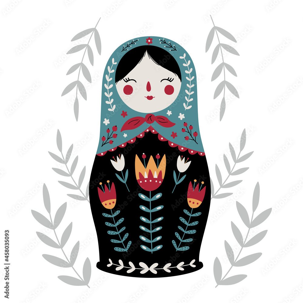 Wall mural Matryoshka Russian Nesting Doll. Traditional Russian Culture. Folk toy. Babushka doll. Hand drawn vector illustration. 