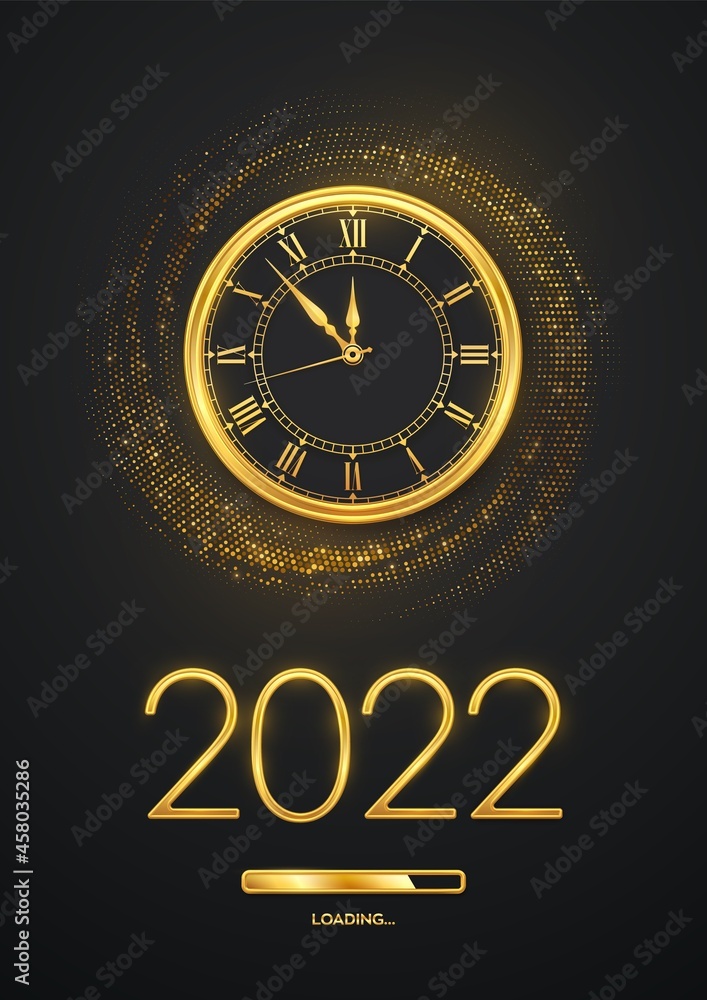 Poster happy new year 2022. golden metallic numbers 2022, gold watch with roman numeral and countdown midni