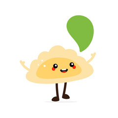 Cute and happy cartoon style pierogi, filled dumpling character speaking, talking with blank, empty speech bubble.